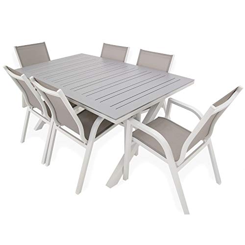 Conjunto Jardin, Mesa Extensible 170/240 y 6 sillones apilables, Aluminio Blanco y Gris, Textilene taupé Jaspeado, 6 plazas