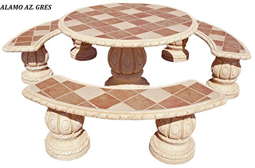 Conjunto Mesa Comedor Jardin DE Piedra Artificial con Fibra.Mesa Redonda + 3 Bancos .Alamo Ocre (GRESOCRE)