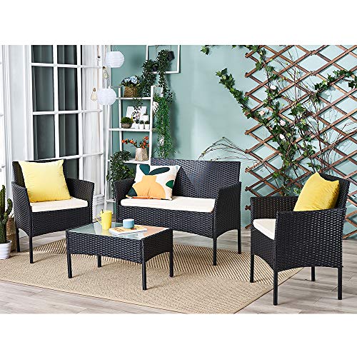 Conjunto mesa de cristal + 3 sillas de ratán pvc moderno – impermeable al agua – Resistente a los rayos UV para jardín, balcón, terraza, Negro