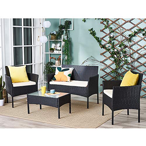 Conjunto mesa de cristal + 3 sillas de ratán pvc moderno – impermeable al agua – Resistente a los rayos UV para jardín, balcón, terraza, Negro Conjunto mesa de cristal + 3 sillas de ratán pvc moderno – impermeable al agua – Resistente a los rayos UV para jardín, balcón, terraza, Negro