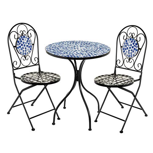 Conjunto Mesa y 2 sillas con Mosaico para Exterior Azul de Hierro y cerámica rústico - LOLAhome Conjunto Mesa y 2 sillas con Mosaico para Exterior Azul de Hierro y cerámica rústico - LOLAhome