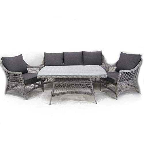 Conjunto sofás de jardín, Mesa Centro 140 cm, 2 butacas y 1 sofá 3 plazas, Color Gris, Aluminio y rattán sintético Abierto Redondo, 5 plazas Conjunto sofás de jardín, Mesa Centro 140 cm, 2 butacas y 1 sofá 3 plazas, Color Gris, Aluminio y rattán sintético Abierto Redondo, 5 plazas