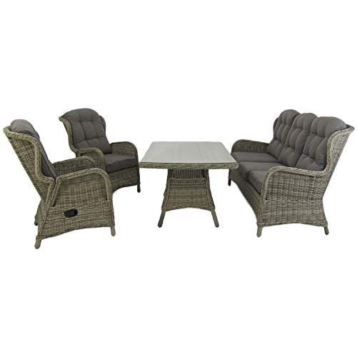 Conjunto sofás de jardín, Mesa Centro 140 cm, 2 butacas y 1 sofá 3 plazas, Color Gris, Aluminio y rattán sintético Redondo, 5 plazas Conjunto sofás de jardín, Mesa Centro 140 cm, 2 butacas y 1 sofá 3 plazas, Color Gris, Aluminio y rattán sintético Redondo, 5 plazas