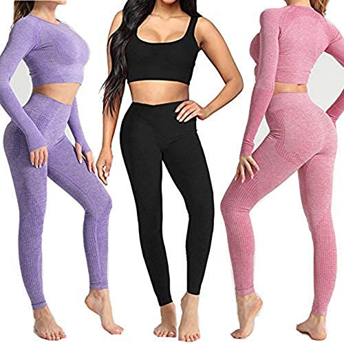 Conjunto Yoga 3 Piezas Ropa Fitness , Pantalones De Yoga Súper Elásticos Sin Costuras+Bralette Para Mujer+Camiseta Deportiva De Manga Larga Sin Costuras Mujer Morado ( S)