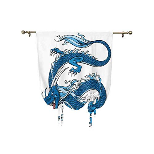 Cortina de fantasía con lazos, leyenda dragón mítica criatura japonesa con iconos folclóricos, impresión de globo ajustable, 99 x 107 cm, para ventana de baño, azul oscuro, blanco