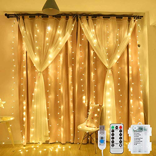 Cortina de luces LED, 3 x 2 m, 200 luces LED, con USB y pilas, IP65, resistente al agua, cortina de luces con 8 modelos de luz, para bodas, Navidad, fiestas, blanco cálido Cortina de luces LED, 3 x 2 m, 200 luces LED, con USB y pilas, IP65, resistente al agua, cortina de luces con 8 modelos de luz, para bodas, Navidad, fiestas, blanco cálido