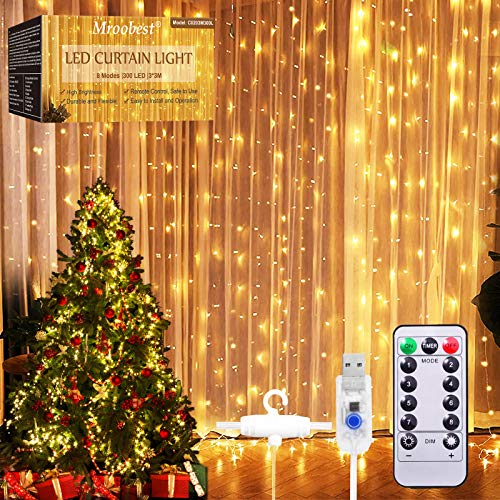 Cortina de Luces, Luz de Cortina, Luces de Cadena de Cortina, 3M x 3M LED Navidad Guirnaldas luminosas, 8 Modos de Luces, Resistente al Agua, para Decoración de Navidad, Fiestas, Casa, Jardín