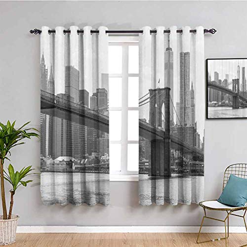 Cortina decorativa para apartamentos con foto del puente de Brooklyn sobre el río Este y edificios altos horizontes en la parte trasera, uso repetible, gris y blanco ancho 108 x largo 84 pulgadas