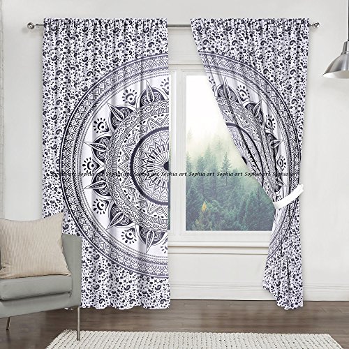 Cortinas de mandala estilo mandala con diseño de mandala, color gris y negro, incluye 2 cortinas de mandala, cortinas, cortinas y cenefas, cortina de tratamiento vintage para ventanas