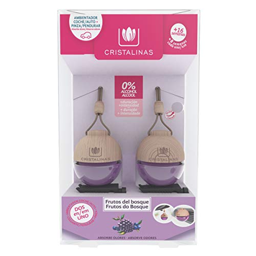 CRISTALINAS Ambientador y Absorbe OLOR esférico para coche. Aroma FRUTOS DEL BOSQUE. Mas de 2 meses de duración. 0% Alcohol. Doble sujeción: PINZA + COLGANTE (Pack 2)