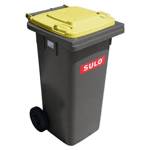 Cubo de basura 2 ruedas, contenedor a basura SULO 120 L, gris con cubierto amarillo (22149)