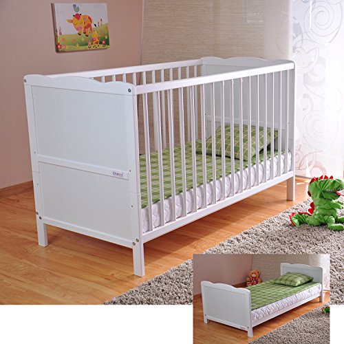 Cuna de rejilla para bebé con colchón de espuma de aloe vera y rieles dentados de altura regulable, color blanco, convertible en cama infantil Cuna de rejilla para bebé con colchón de espuma de aloe vera y rieles dentados de altura regulable, color blanco, convertible en cama infantil