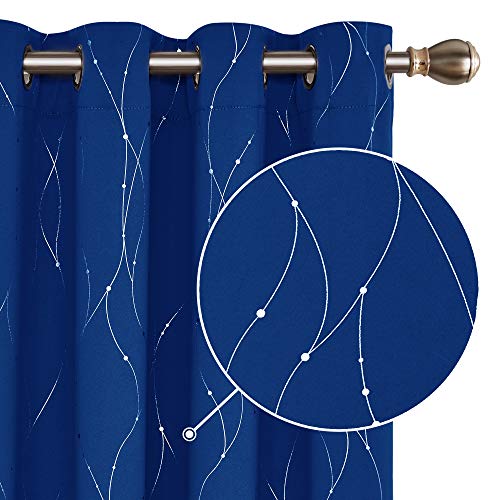 Deconovo Cortina Opaca para Habitación Matrimonio de Línas Plateadas Estilo Moderno Elegante con Ojales 2 Piezas 140x229cm Azul Oscuro