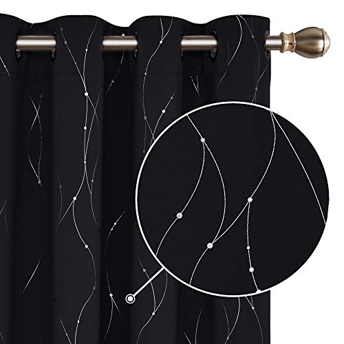 Deconovo Cortinas de Salon Modernas Aislante Térmico Funcional Estilo Moderno Diseño Hilos Plateado con Ojales 2 Paneles 140 x 260 cm Negro