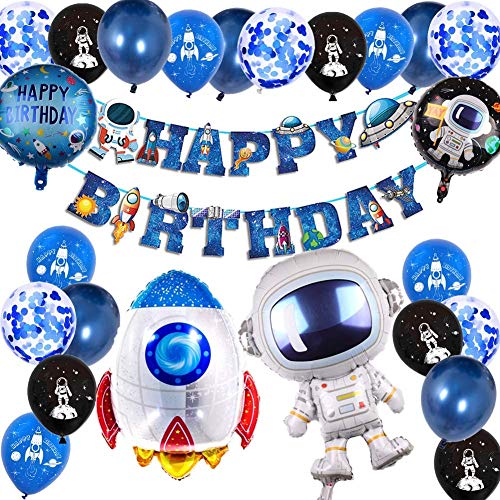 Decoraciones de cumpleaños de niño tema de globos azules cohete espacial astronauta luna globos decoración de globos de fiesta de cumpleaños feliz