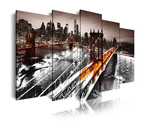 DekoArte 247 - Cuadros Modernos Impresión de Imagen Artística Digitalizada | Lienzo Decorativo para Tu Salón o Dormitorio | Estilo Ciudades Nueva York Puente De Brooklyn Iluminado| 5 Piezas 150x80cm