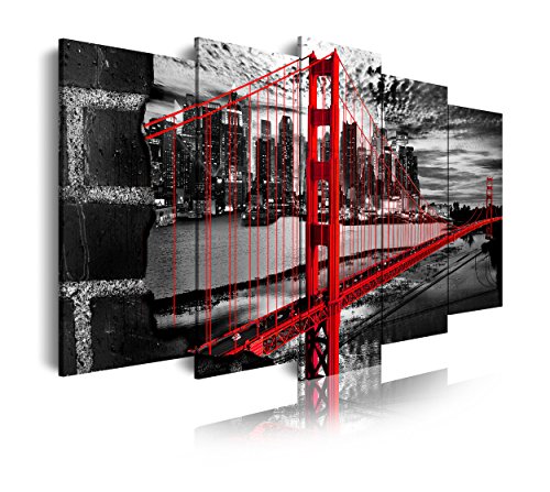DekoArte 278 - Cuadros Modernos Impresión de Imagen Artística Digitalizada | Lienzo Decorativo para Tu Salón o Dormitorio | Estilo Ciudades EEUU Golden Gate Blanco Negro Rojo | 5 Piezas 200x100cm XXL