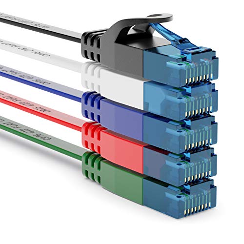 deleyCON 5X 1m CAT6 Cable de Red Plano Cable de Cinta de 1,5mm U-UTP RJ45 - Cable de Conexión UUTP para DSL LAN Conmutador de Módem Panel de Conexión de Repetidor - Multicolor
