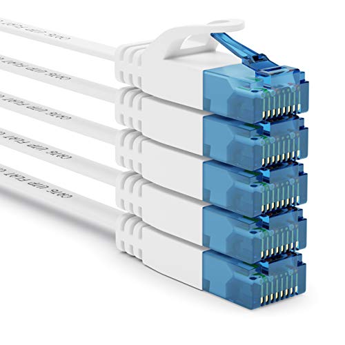 deleyCON 5X 2m CAT6 Cable de Red Plano Cable de Cinta de 1,5mm U-UTP RJ45 - Cable de Conexión UUTP para DSL LAN Conmutador de Módem Panel de Conexión de Repetidor - Blanco