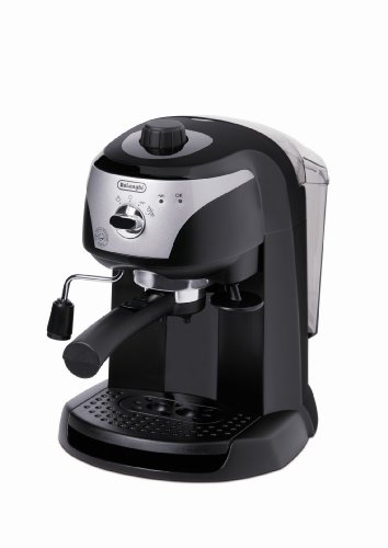 DeLonghi EC221.CD Cafetera de bomba tradicional, 15 bar de presión, deposito de agua 1L, espumador de leche, uso con café molido o filtros monodosis, 1100 W, Acero Inoxidable, Negro