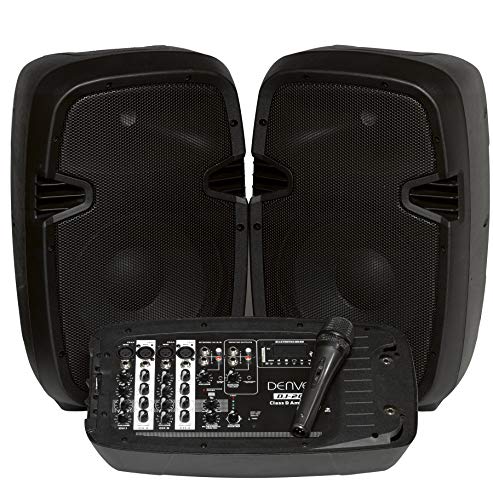 DENVER DJ-200 Sistema de DJ con mezclador, amplificador, 2 altavoces de 100W RMS, Bluetooth, USB, MicroSD, 4 XLR, entradas phono y efecto digital para canales 1-4