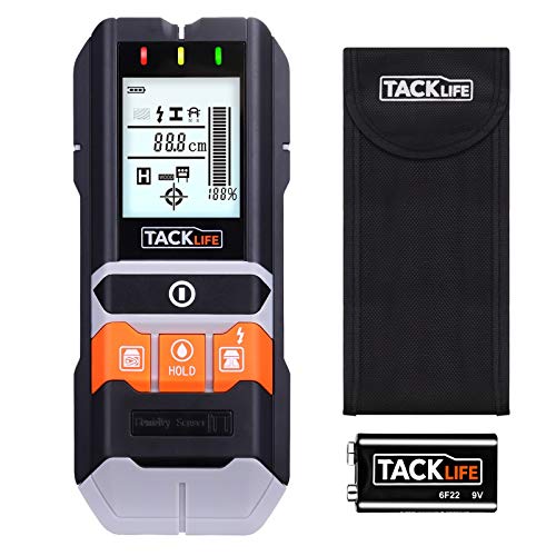 Detector de Pared, TACKLIFE-DMS05-Detectores de Metal, Madera y AC Cable, Probador de Humedad, Escáner de Pared Clásico y Multifuncional, Retroiluminación LCD, Batería Incluida, Bolsa