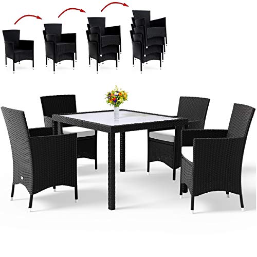 Deuba Conjunto de jardín 4 sillas apilables de poliratán Negro y una Mesa Cojines 7cm Grosor Set de Muebles de terraza