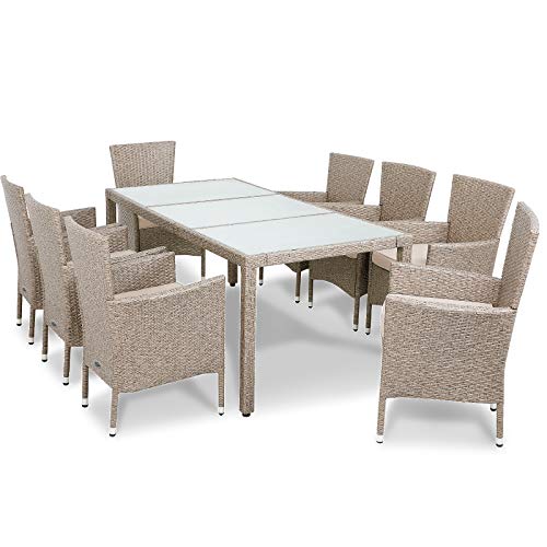 Deuba Conjunto de mesa y silla de poliratán 8+1 Gris Beige sillas apilables Muebles de jardín Set mesa y sillas cojines