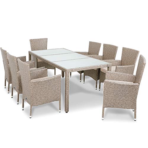 Deuba Conjunto de mesa y silla de poliratán 8+1 Gris Beige sillas apilables Muebles de jardín Set mesa y sillas cojines Deuba Conjunto de mesa y silla de poliratán 8+1 Gris Beige sillas apilables Muebles de jardín Set mesa y sillas cojines