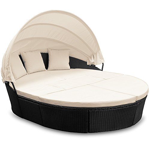 Deuba Conjunto de sillones cama isla para tomar sol ovalada poliratán 226cm negro techo plegable tumbona jardín lounge