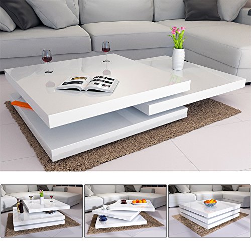 Deuba Mesa de Centro Moderna y Blanca mesita lacada Brillante 76 x 76 cm bandejas giratorias 360° Auxiliar Comedor salón Deuba Mesa de Centro Moderna y Blanca mesita lacada Brillante 76 x 76 cm bandejas giratorias 360° Auxiliar Comedor salón