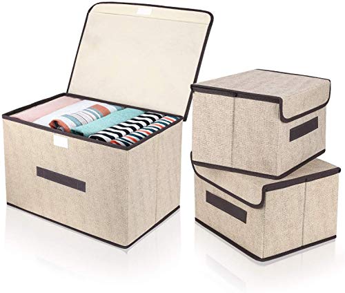 DIMJ Cajas Almacenaje con Tapa, Conjunto de 3 Cajas Organizadoras Plegable, Cubos de Almacenamiento con Asa, Organizadores de Contenedore para Ropa Juguetes Libros (Beige)