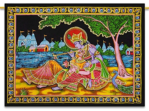 Dios multi indio Arjun Buda cartel hermoso Jesús Shiva tapiz lentejuelas pared trabajo hecho a mano Krishna Radha colgante Ethbic Ram SaiBaba algodón cartel Laxmi cartel único (Radha Krishna)