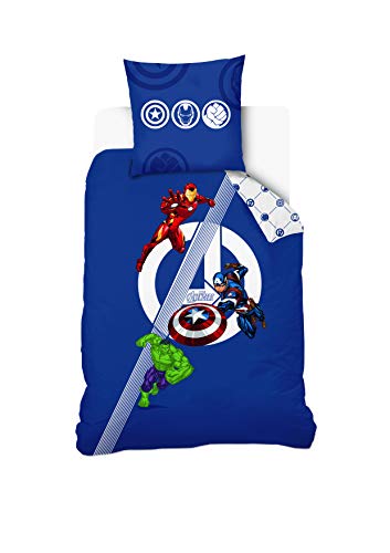 Disney Avengers - Juego de Funda nórdica de 140 x 200 cm y Funda de Almohada de 63 x 63 cm, 100% algodón, Color Azul
