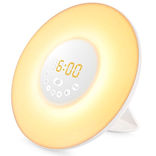 Diyife Wake Up Light Despertador Luz, Luces Despertador con Simulación de Amanecer y Atardece, Función Snooze, Radio FM, 7 Luces de Colores y 6 Sonidos Naturales [Clase de eficiencia energética A]
