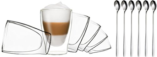 DUOS 6X 310 ml tarros de Doble Pared + 6 cucharas - Juego de Vasos térmicos - también para té, té Helado, jugos, Agua, Cola, cócteles, de Feelino