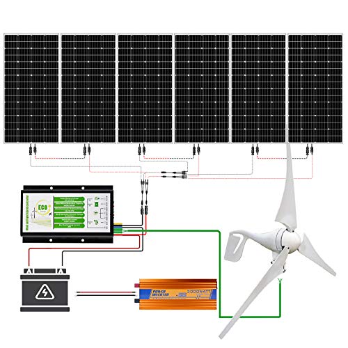 ECO-WORTHY 1300 Watts 24V Kit de generador de turbina eólica solar: 1pc Turbina eólica de 400 vatios + 6pcs 150W Mono Panel solar + 1pc Controlador híbrido de viento solar + 1pc 3000W 24V Inversor