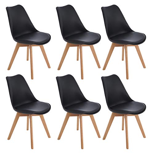 EGGREE Pack de 6 Sillas de Comedor Sillas Estilo Nórdico con Las Piernas de Madera de Roble Más Fuerte y Asiento Tapizado - Negro