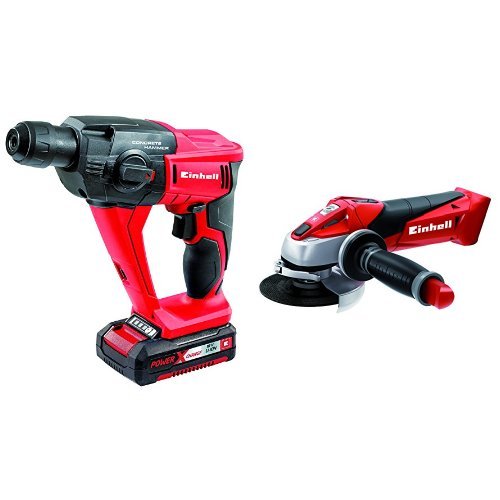 Einhell Expert TE-HD 18 Li - Taladro percutor neumático (incluye maletín BMC) + TE-AG 18 Li solo - Amoladora (sin batería, Power X-Change, 18 V), color rojo