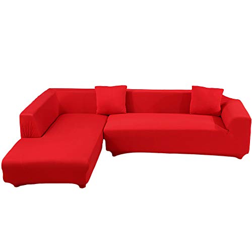 ele ELEOPTION - Funda de sofá elástica, Conjunto de 2 Fundas, para sofá de 3 Personas en Forma de L, Incluye 2 Fundas de cojín, Rojo