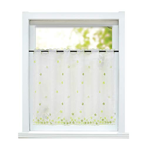ESLIR Visillo rústico para cocina, cortinas transparentes con bordado, visillo corto, 1 pieza, 100% poliéster, verde, flores., HxB 45x100cm