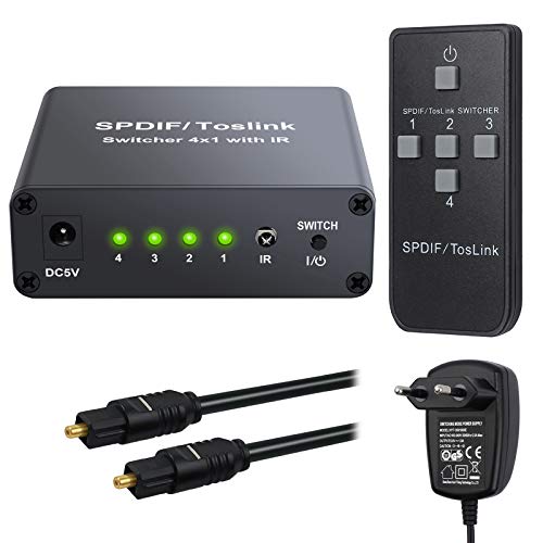 eSynic Audio Switch 4x1 SPDIF Toslink Switcher Digital Óptico Interruptor de Audio con Control de IR Remoto Soporte LPCM2.0 PCM2.0 DTS Dolby-AC3 Dolby Digital DTS 5.1 Dolby Digital Plus