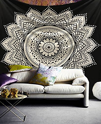 Exclusivo tapiz Raajsee con diseño de mándala, color blanco con negro, algodón, negro, 140*220cms