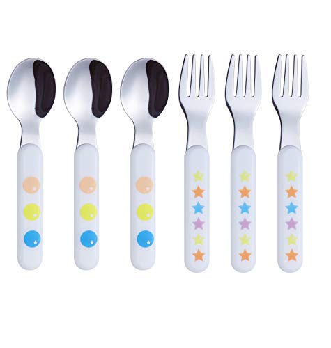 Exzact Cubertería Infantil 6 Piezas de Acero Inoxidable 18/10-3 x Tenedores, 3 x cucharas de Cena, Mango de plástico, Cubiertos sin BPA, Estrellas y Puntos Exzact Cubertería Infantil 6 Piezas de Acero Inoxidable 18/10-3 x Tenedores, 3 x cucharas de Cena, Mango de plástico, Cubiertos sin BPA, Estrellas y Puntos