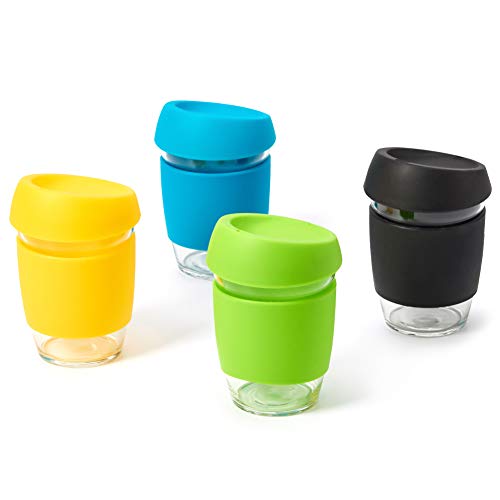 EZOWare 350ml Tazas de Café Reutilizables para Llevar, Vasos de Viaje en Cristal con Funda y Tapa de Silicona para Bebidas Calientes o Heladas, Café, Bebidas, Te - Set de 4, Colores Variados