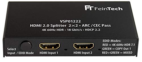 FeinTech VSP01222 - Divisor HDMI 2.0 (2 entradas, 2 Salidas, Escala ARC, Pasaporte para Receptor AV 4K, 60 Hz, HDR