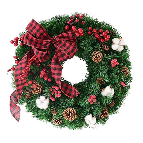 FENGLI Corona de pino artificial de 40,6 cm, guirnalda de corona de puerta delantera con algodón, cono de pino, lazo, bayas rojas, regalos de flores para decoración de fiesta