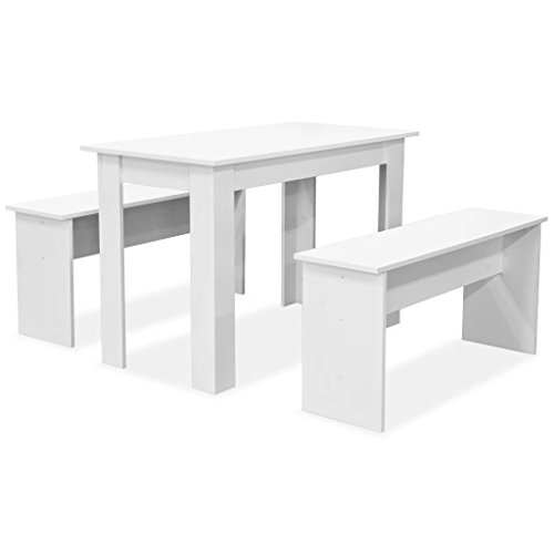 Festnight Set de Mesa de Comedor con Sillas 3 Piezas,1 Mesa y 2 Bancos,Madera Aglomerada,Blanca Mate Festnight Set de Mesa de Comedor con Sillas 3 Piezas,1 Mesa y 2 Bancos,Madera Aglomerada,Blanca Mate