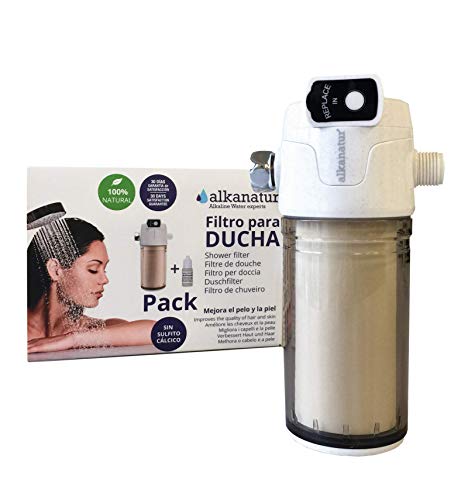 Filtro para ducha Alkanatur - Totalmente libre de sulfito cálcico - Elimina hasta el 99% del cloro y metales pesados - 50.000 litros de agua - Mejora el pelo y la piel Filtro para ducha Alkanatur - Totalmente libre de sulfito cálcico - Elimina hasta el 99% del cloro y metales pesados - 50.000 litros de agua - Mejora el pelo y la piel