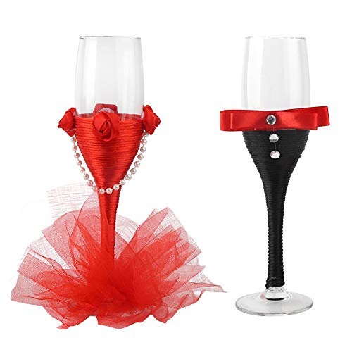 Flautas de champán para bodas, vestido de plumas rojas de 8.8 pulgadas, traje negro, copa para tostar de novios y novios